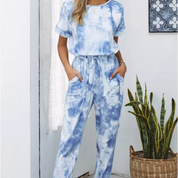 Blue Pocketed Tie Dye Knit Jumpsuit. NWT. - Picture 7 of 16